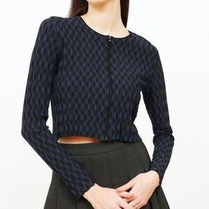 Akris Punto Navy Black Polka Dot Cropped Sweater Fitted Blazer Jacket Size 10